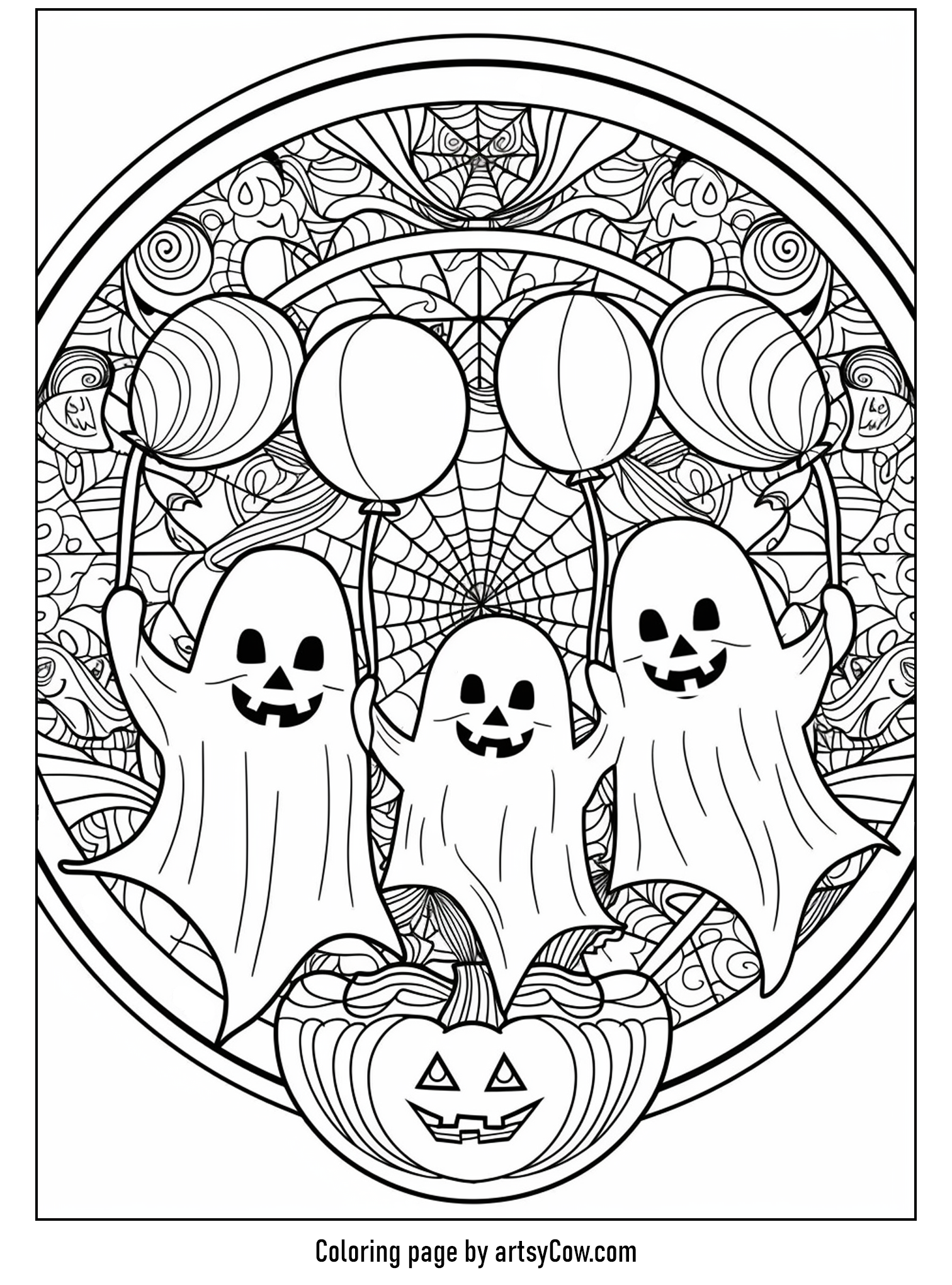 halloween ghost mandala featuring three cheerful ghosts, each holding a balloon, set against intricate mandala patterns and a smiling pumpkin.